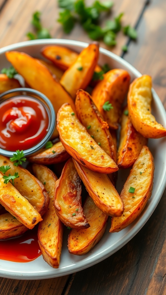 Crispy air fryer potato wedges served with ketchup on a rustic wooden table.